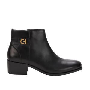 Cole Haan Hollis Black Leather Ankle Boots | Gold Buckle Zip Booties Fall Staple